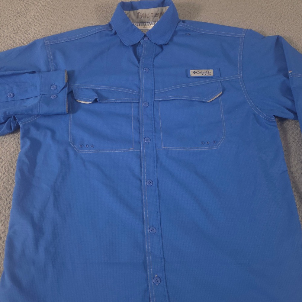 Columbia Shirt Mens L Blue PFG Low Drag Offshore Vented Omni-Shade Fishing Gear